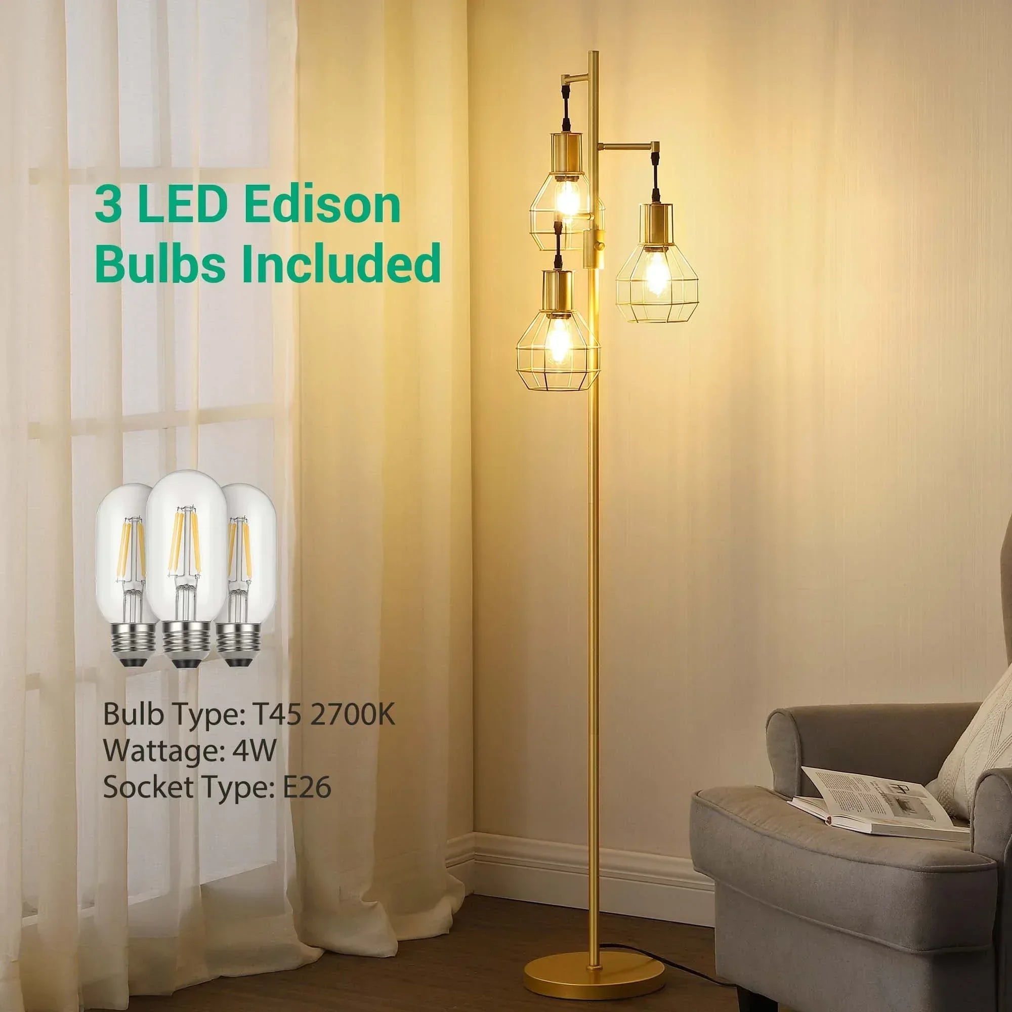 EDISHINE 65IN Farmhouse Industrial Black Floor Lamps for Living Room, Dimmable, Metal Standing Tree Lamp for Bedroom, Office, Home Decor, Lighting, 3 LED Bulb Included - USA MEGA SHOP