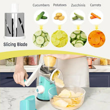 Rotary grater with slicing blade drum and three vegetable blade attachments, teal base