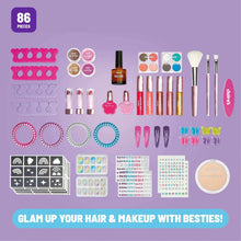 86-piece hair and makeup kit set with bottles, tools, charms, bracelets, and decals