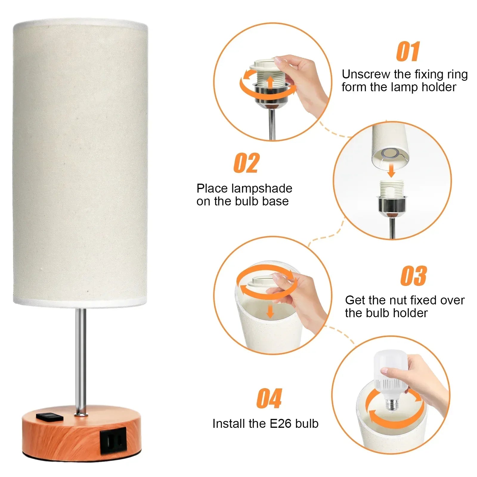 Table Lamps for Bedroom, 3 Way Dimmable Touch Control Bedside Lamp with USB C+A Fast Charging Ports, Nightstand Lamp for Office, Living Room, Reading(E26 Light Bulb Included) - USA MEGA SHOP