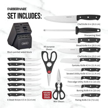 Kitchen cutlery set includes black block, stainless knives, mini shears, and sharpening steel