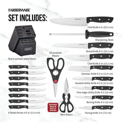 Farberware Classic 20-Piece Triple Riveted Cutlery Block Set with Kitchen Shears, Black