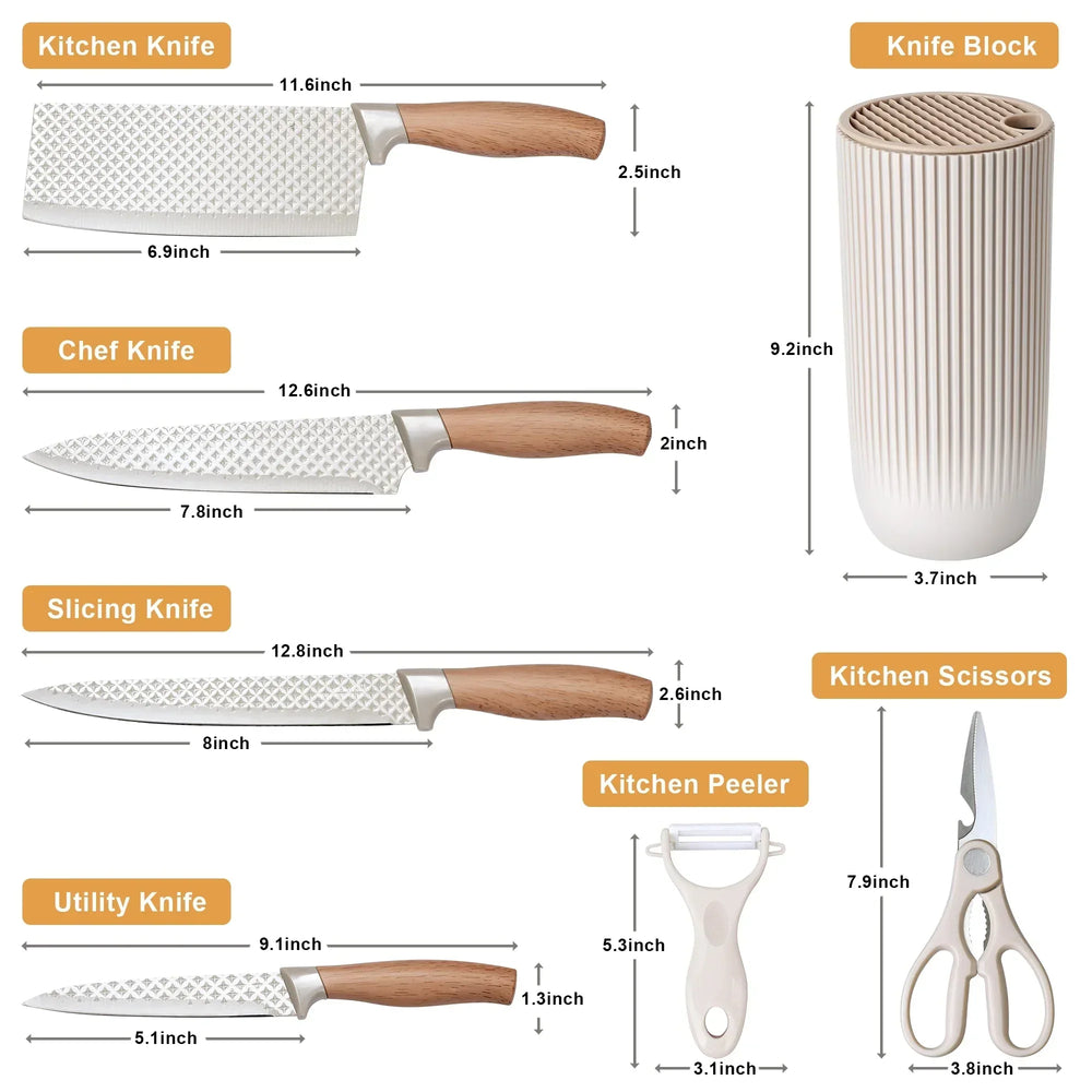 Joyfair Kitchen Knife Set, 7 Pcs Stainless Steel White Knives Block Set for Chef, Super Sharp Professional Knife Set with Universal Knife Block for Home Restaurant, Non-Stick & Anti-Rust - USA MEGA SHOP
