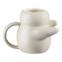 Cream sculpted hug earthenware mug with smiling face and wide hugged-arm detail