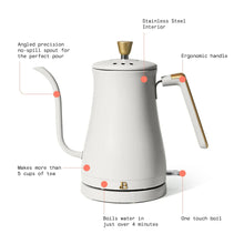 White electric gooseneck kettle with gold knob, ergonomic handle, no-spill spout