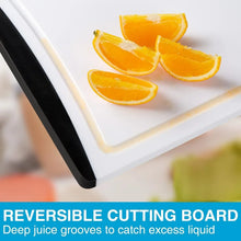 White plastic cutting board with deep juice grooves, orange slices on the surface