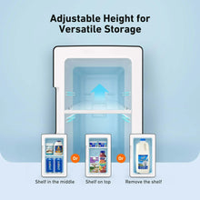 Compact mini fridge with open door showing interior shelves