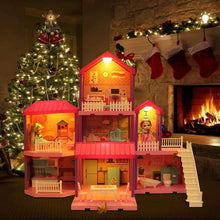Lit pink dollhouse playset with balcony, dolls, and warm interior lights