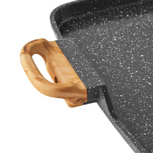 Charcoal speckle cast aluminum double griddle with wooden side handle loop