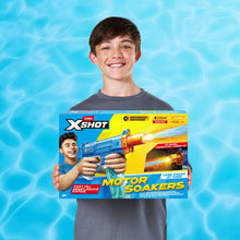 Child holding a blue and orange Motor Soakers motorized water blaster box