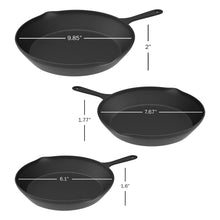 Black cast iron skillet set of 3 with loop handles, sizes 10, 8, 6 in