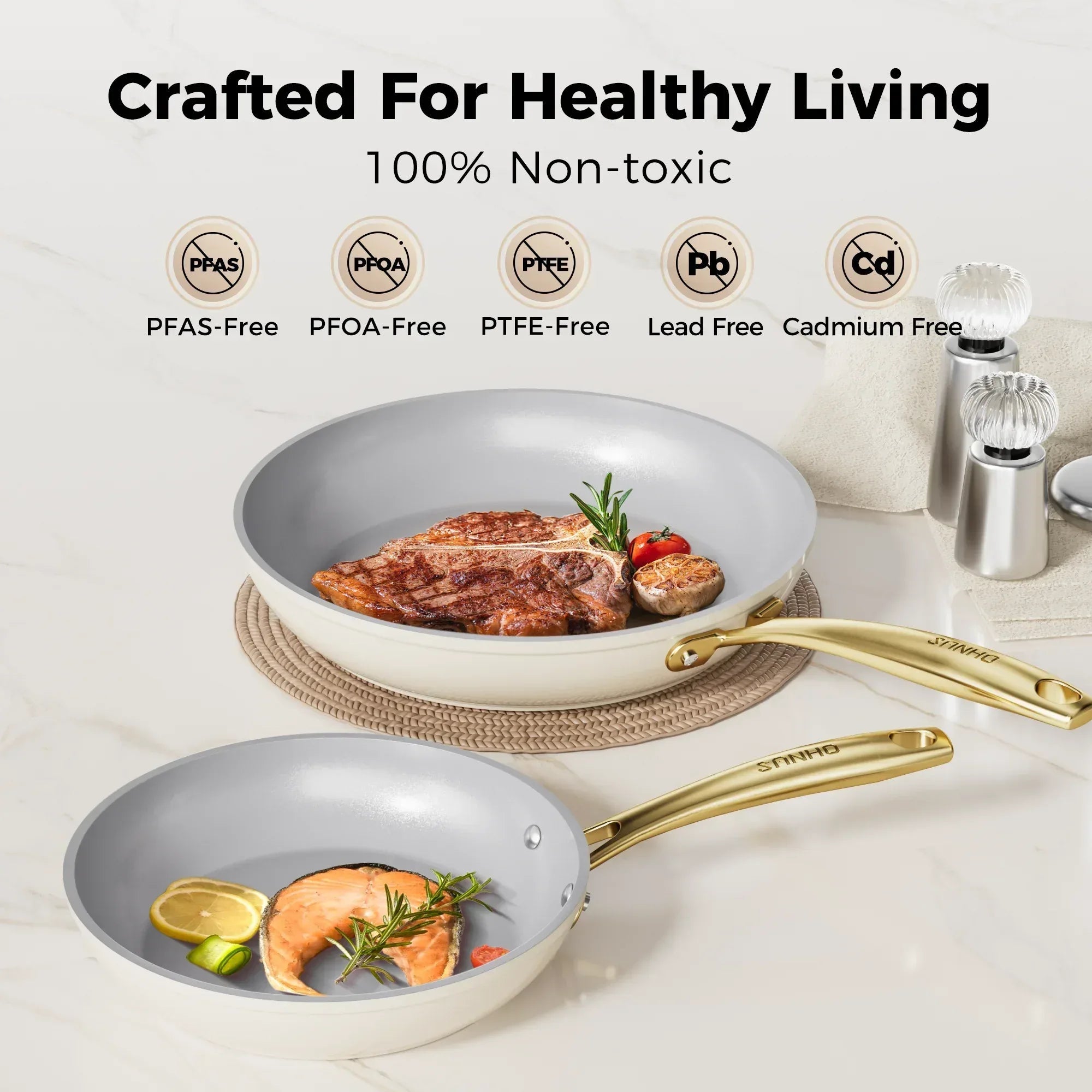 Sanho Ceramic Nonstick Fry Pan Set, 2-Piece (8 & 10 inch) Skillets, Diamond-Titanium Coating, Oven & Induction Safe, Non-Toxic