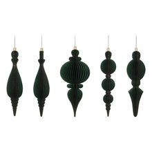 Five green honeycomb paper ornaments in varied elongated shapes, shown hanging