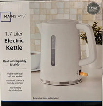 White electric kettle shown on front of retail packaging with handle in view