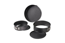 Springform cake pan set with detachable bottoms and latch rings for multiple pan sizes
