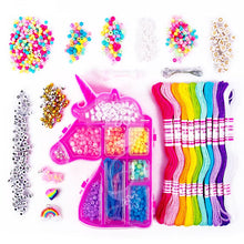 Bracelet making bead set with unicorn bead tray, rainbow thread, and colorful pony beads