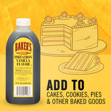 Baker's imitation vanilla flavor bottle with text 'Add to cakes, cookies, pies'
