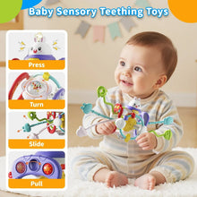 Baby sensory teething toy with bunny face pull rings and colorful press and slide panel
