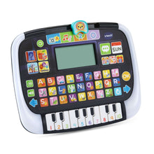 White and black light-up learning tablet with keyboard keys, ABC tiles, vtech