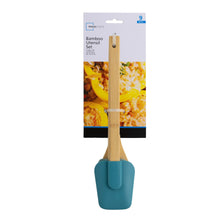 Packaged bamboo utensil set with blue scoop and hanging wooden handle