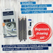 Graphite sketch set contents: six blue pencils, sharpener, and eraser