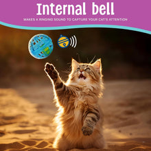 Blue lattice cat bell ball as a cat reaches upward with a paw