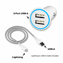 White dual-port car charger with braided Lightning-to-USB-A cable and USB-A cord.