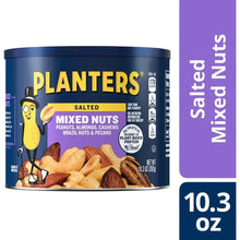 Salted mixed nuts canister, Planters 10.3 oz label on blue tin