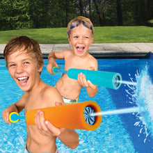 Kids playing with neon foam water blaster pool toys, holding orange and blue blasters