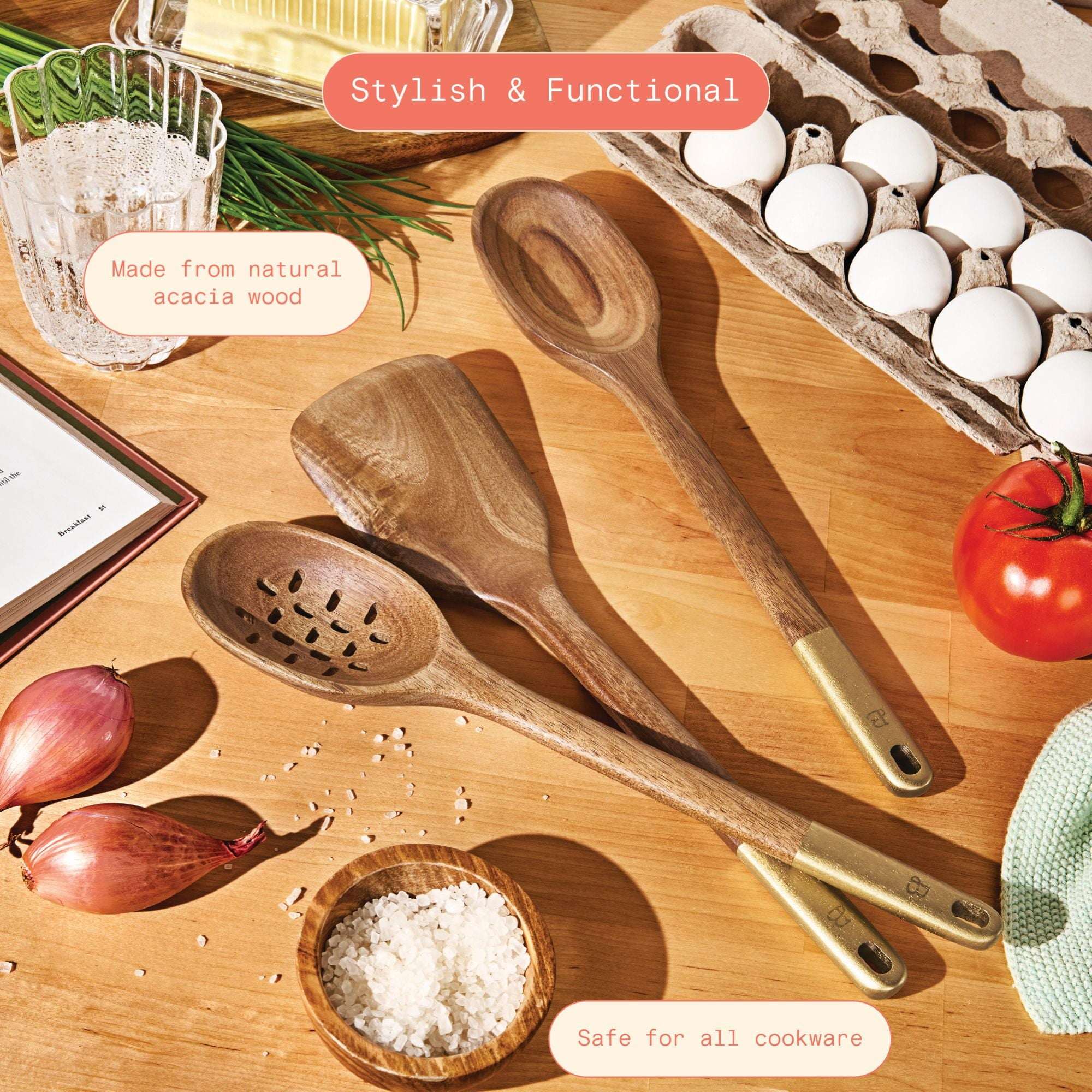 Beautiful 3-Piece Wood Kitchen Utensil Set by Drew Barrymore