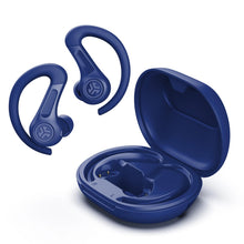Cobalt blue earbuds with open charging case, compact view