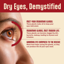 Warming eye compress positioned near an eye, red fabric cover with white accents