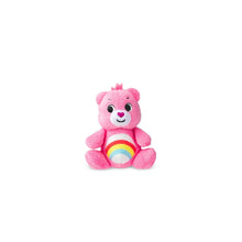 Pink bear micro plush with rainbow belly emblem and friendly face
