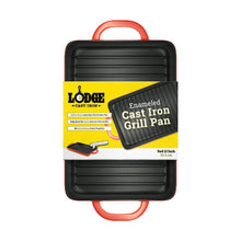 Enameled cast iron grill pan in retail packaging with red loop side handles