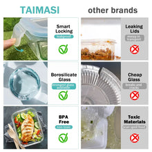 Glass storage containers with blue locking lids and silicone seals, BPA-free design focus
