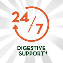 24/7 digestive support icon graphic with orange and green text