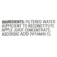 Ingredients panel: filtered water, apple juice concentrate, ascorbic acid (vitamin C)