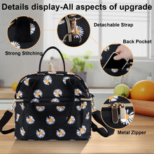 Insulated lunch bag with daisy print, front pocket and gold metal zipper