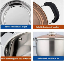 Stainless steel stock pot close-up with black heat-proof handles and glass lid