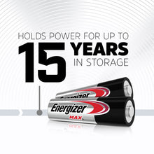 AA alkaline battery: Energizer MAX, two-pack shown with 15 years storage
