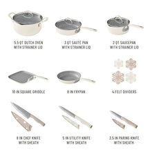 Cream and gray cookware set pieces: Dutch oven, saute pans, saucepans, griddle, frypan