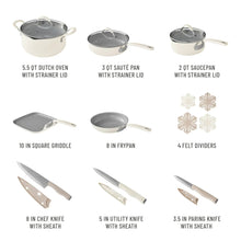Assorted nonstick cookware set with knives, dividers, and silicone tools