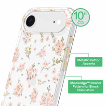 Clear phone case with pink floral pattern, metallic button accents, and gem details