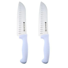 Two Santoku slicing knives with white handles and gray serrated blades