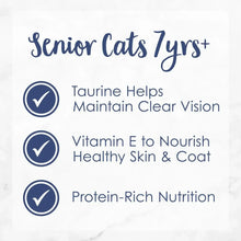 Senior cats nutrition claims label: taurine, vitamin E, protein-rich