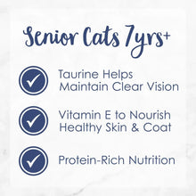 Cat food claims panel for senior cats 7yrs+, taurine, vitamin E, protein-rich nutrition