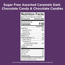 Nutrition Facts panel for sugar-free assorted caramel chocolates, serving size 2 pieces