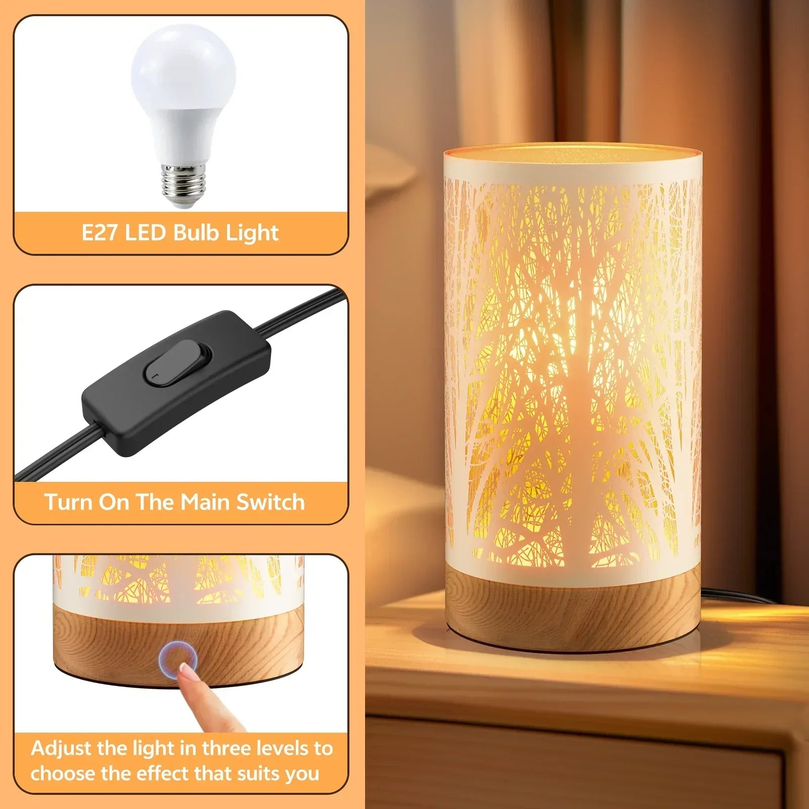 Table Lamps for Bedroom, 3-Way Dimmable Touch Control Bedside Lamp, Nightstand Lamp with Metal Branch Shade for Office, Living Room, Reading(E26 Light Bulb Included) - USA MEGA SHOP