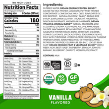 Orgain Kids shake carton back panel with nutrition facts, ingredients, and vanilla flavor label