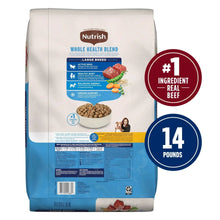 Nutrish large-breed dry dog food bag back, blue lower area and label